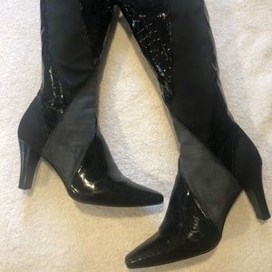 Impo Stretch faux alligator, Black and gray satin wrapped boots with full zipper
